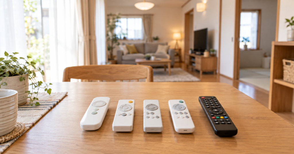 テーブルに整理して並べられた複数の照明リモコンとテレビのリモコン