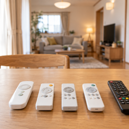 テーブルに整理して並べられた複数の照明リモコンとテレビのリモコン